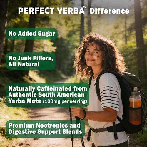 Perfect Yerba - Yerba Mate Tea Powder Instant Drink with Nootropics, Probiotics & Enzymes - Clean Energy, Focus, Gut Support - 100mg Natural Caffeine, No Sugar - Mango Peach, 30 servings