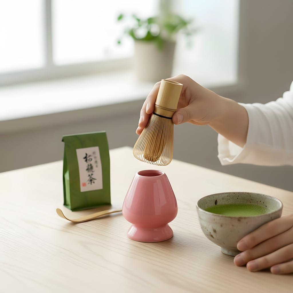 AIYICIII Matcha Whisk Holder – Ceramic Chasen Stand for Bamboo Matcha Whisk, Japanese Tea Set Accessory (Pink)
