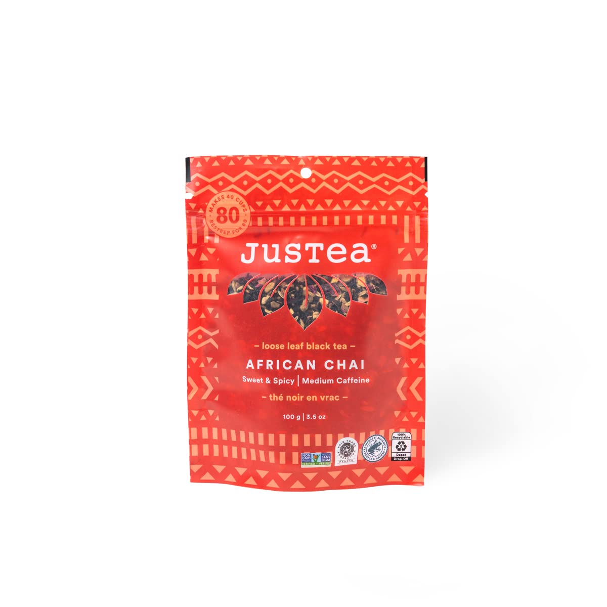JusTea AFRICAN CHAI Loose Leaf Black Tea, 40+ Cups Pouch, 3/5 Caffeine | Fair-Trade AFRICAN CHAI Loose Leaf Black Tea. 100g/3.5oz Resealable Pouch. Steeps 40+ cups. 3/5 Caffeine. Organic.