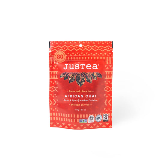 JusTea AFRICAN CHAI Loose Leaf Black Tea, 40+ Cups Pouch, 3/5 Caffeine | Fair-Trade AFRICAN CHAI Loose Leaf Black Tea. 100g/3.5oz Resealable Pouch. Steeps 40+ cups. 3/5 Caffeine. Organic.