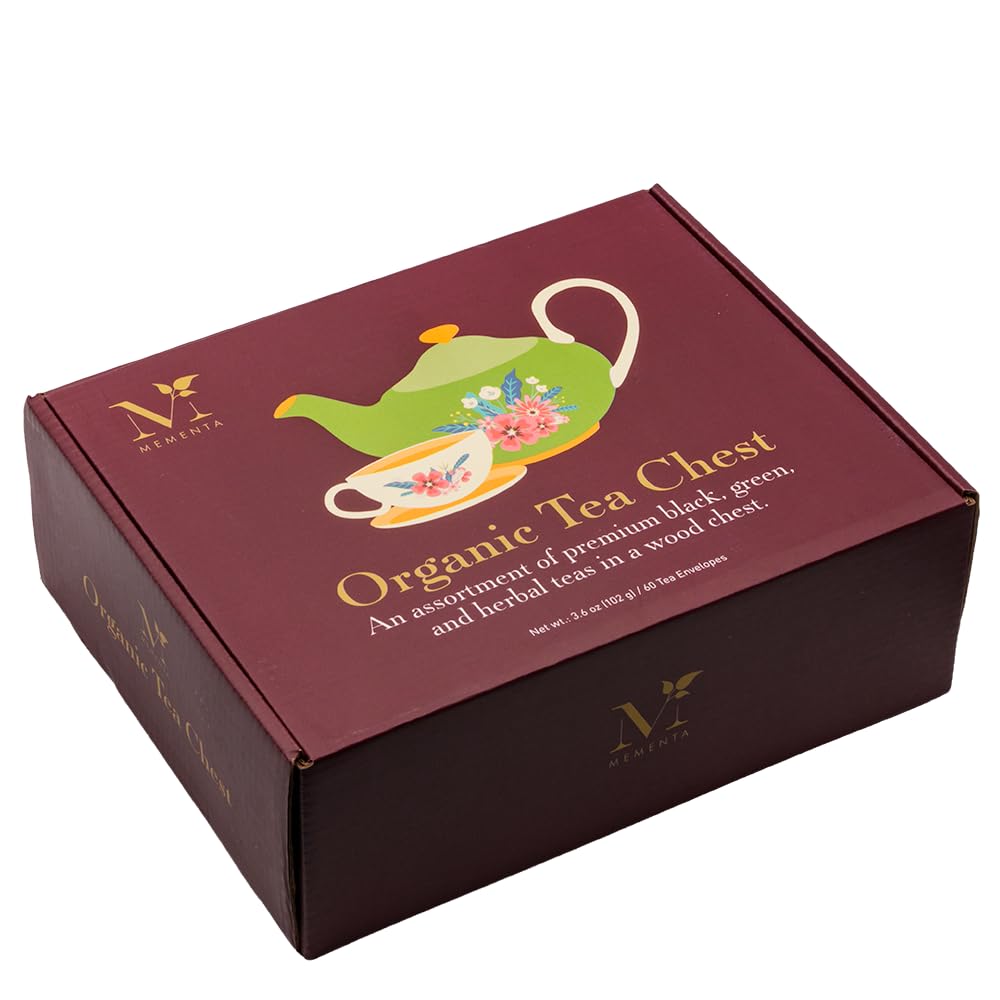 Mementa Inc Organic Wooden Tea Chest - 60 Tea Bags Individually Wrapped : Assorted Tea Variety Pack containing Black, Green