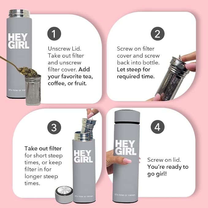 Hey Girl Tea Infuser Bottle 450ml - Insulated Stainless Steel Water Bottle - Tea Tumbler with Tea Diffuser