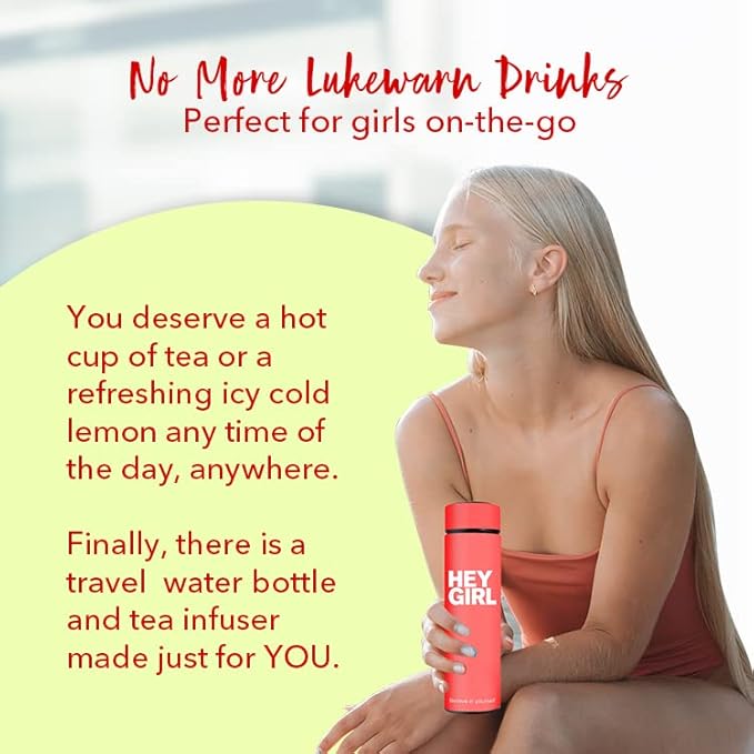 Hey Girl Tea Infuser Bottle 450ml - Insulated Stainless Steel Water Bottle - Tea Tumbler with Tea Diffuser