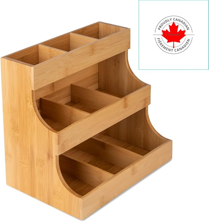 Theodore Vertical Bamboo Tea Organizer – Holds 180 Tea Bags – Compact Wooden Tea Storage Box for Home, Kitchen, Office – Fits Sugar Packets
