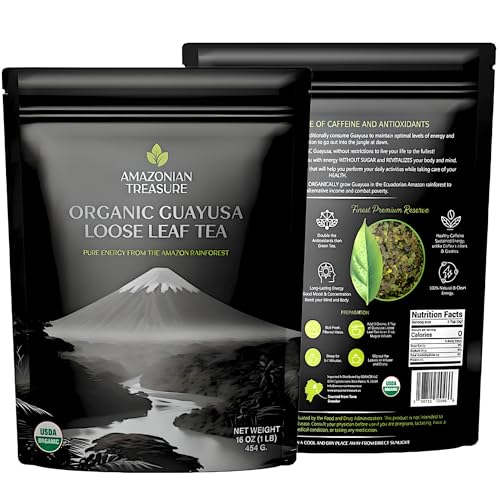Amazonian Treasure Organic Guayusa Loose Leaf Tea, 16 OZ (1LB), Smooth Energy Boost, Alternative to Coffee & Yerba Mate, 60 mg Caffeine per Serving.