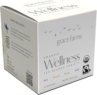 Grace Farms Wellness Organic Tea Blend Variety Box (12 Enveloped Sachets) | BREATHE, REST, REVIVE, and SETTLE | 3 Sachets of Each Tea With Adaptogens | Fairtrade & Kosher | Gives Back 100% of Profits