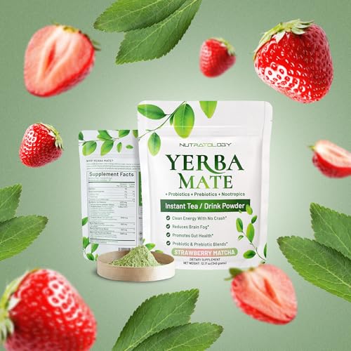 Yerba Mate Instant Tea Powder - 3-In-1 Super Drink - Clean Energy - Formulated With Nootropics To Boost Focus & Clarity - With Prebiotics & Probiotics To Boost Gut Health | Strawberry Matcha - 30 servings