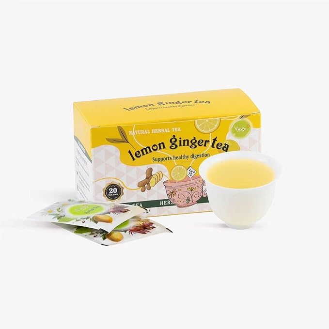 Vinis Lemon Ginger Herbal Tea, Caffeine Free, Support Healthy Digestion, 20 Tea Bags (6)