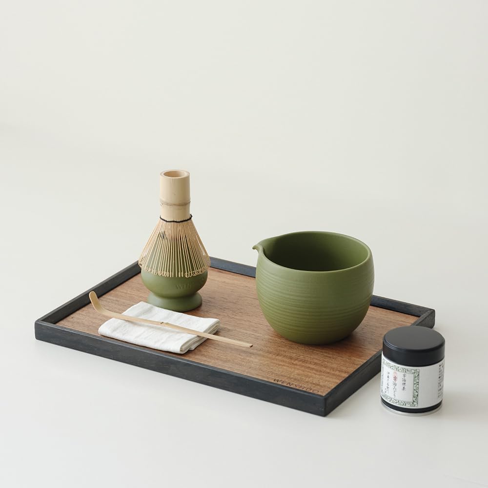 WENSHUO Matcha Whisk Set, Ceramic Matcha Bowl with Spout, Green,5-Pc | Matcha kit includes 20 oz bowl, 100-prong bamboo whisk, holder, and scoop. High walls and curved spout help prevent spills.
