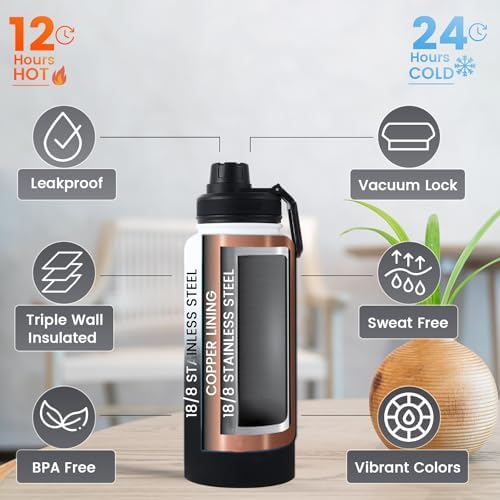 Lexlion Tea Infuser Water Bottle 32 Oz – Triple Wall Insulated Stainless Steel, Loose Leaf & Fruit Strainer, 3 Leakproof Lids