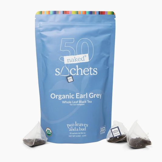 Two Leaves and a Bud Organic Earl Grey Naked Tea Sachets, 50 Ct (Pack of 1) | Whole Leaf Black Tea in Unwrapped Pyramid Sachets, Resealable Bag