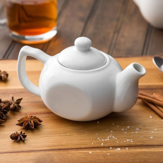 [ 6 teapot ] Bright White Porcelain Teapot, 10 oz Capacity, Round Shape with Lid, Microwave and Dishwasher Safe, 6 x 3.25 Inches