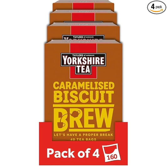 Yorkshire Tea Caramelised Biscuit Brew, Pillow Tea Bags, 40 Count (Pack of 4), Caffeinated, Enjoy Hot or Iced, 40 Teabags