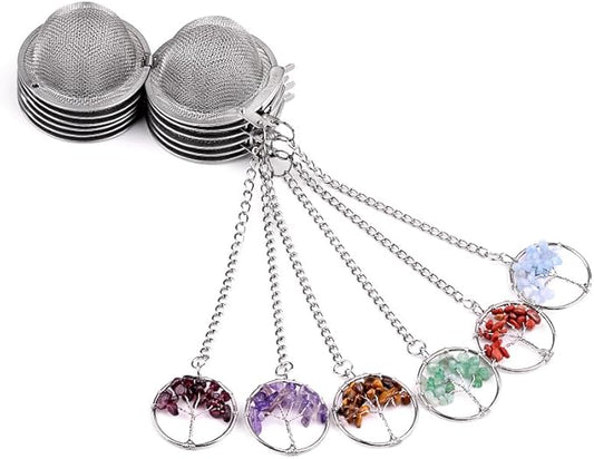 5 Pcs Tea Filter Stainless Steel with Life Tree Crystal Energy Stone Tea Strainers with Fine Mesh Extend Chain Hook Tea Ball Infuser for Loose Tea
