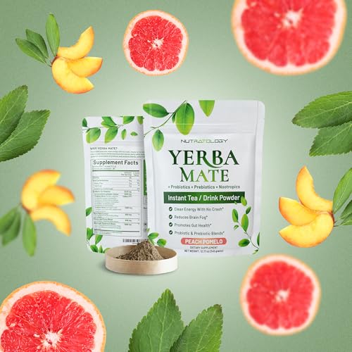 Yerba Mate Instant Tea Powder - 3-In-1 Super Drink - Clean Energy - Formulated With Nootropics To Boost Focus & Clarity - With Prebiotics & Probiotics To Boost Gut Health | Peach Pomelo - 30 Servings