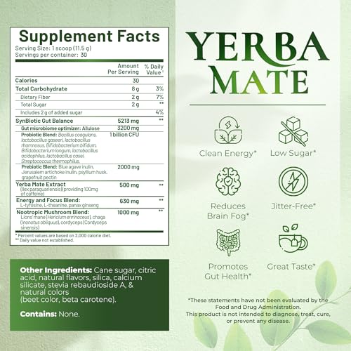 Yerba Mate Instant Tea Powder - 3-In-1 Super Drink - Clean Energy - Formulated With Nootropics To Boost Focus & Clarity - With Prebiotics & Probiotics To Boost Gut Health | Peach Pomelo - 30 Servings