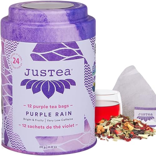 JusTea PURPLE RAIN | Loose Leaf Purple Tea | Tin with Hand Carved Tea Spoon | 40+ Cups (2.8oz) | Very Low Caffeine | Award-Winning | Fair Trade | Non-GMO