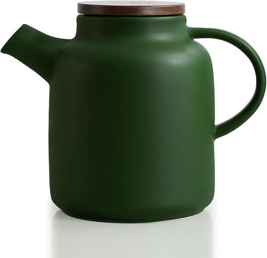 Yundu 1500ml / 50 oz Ceramic Teapot with Infuser & Wood Lid - Matte Green, Loose Leaf Tea Pot with Removable Strainer, Large Capacity