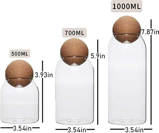 3 Pcs Glass Storage Jars with Ball Cork Lids – Clear Glass Canisters with Wooden Clips, Labels & Marker