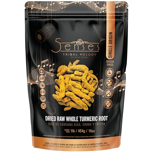 5Senses Dried Whole Turmeric Root | Curcuma | Tribal Melody | Single Origin, Non-GMO, Fairtrade | Whole Turmeric Root | Vegan | Gluten Free | Sun Dried | Indian Spice (3.5oz/100g)