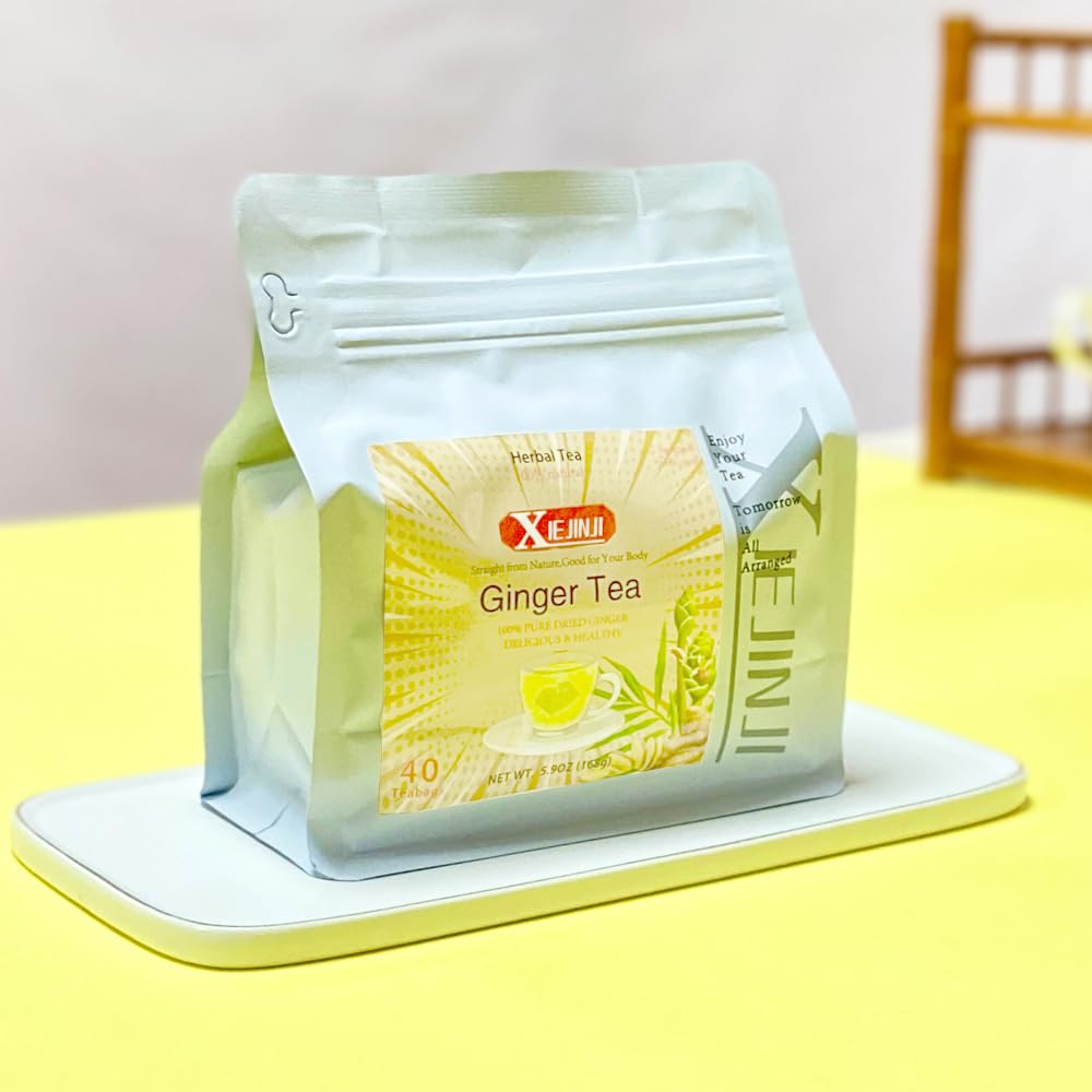 XIEJINJI Ginger Tea Bags, 100% Pure Dry Ginger Root, 4.2g x 40 Teabags, Re-usable for Brew, Spicy Digestive Ease, Eco-Conscious Tea Bags, Resealable Bag