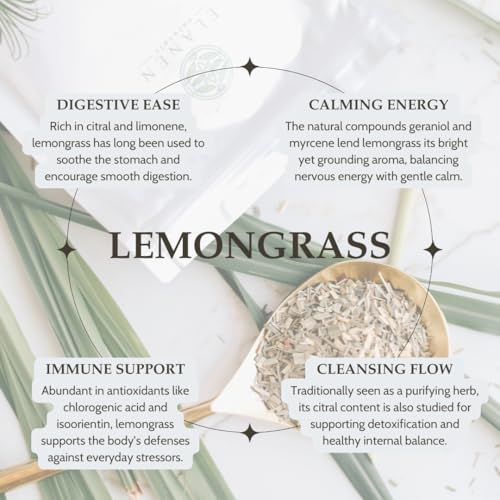 Elanen Naturals Organic Dried Lemongrass Tea 4 oz. (113g), USDA Certified Organic Lemon Grass Herb Leaf, Lemin Fever Grass, Te De Limon, Lemingrass Loose Leaves, Dried Lemongrass Bulk, Cut & Sifted