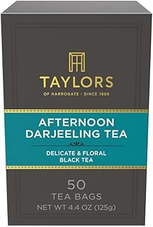 Taylors of Harrogate Afternoon Darjeeling, Black Tea, Pillow Bags 50 Count (Pack of 1), Delicate, Sweet & Floral, Caffeinated, Enjoy Hot or Iced, 50 Teabags