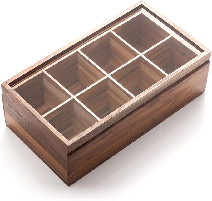 Ironwood Cornwall Tea Box, 8 Compartment Tea Organizer, Acacia Wood