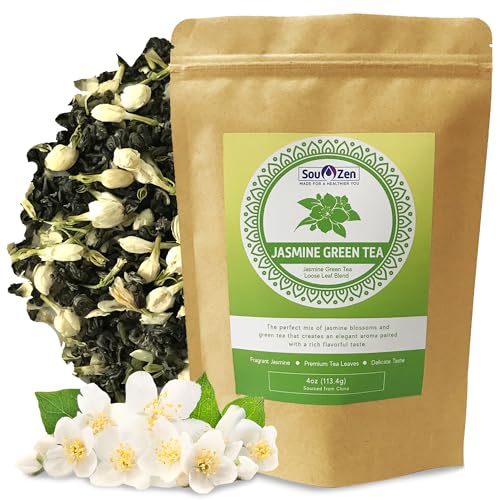 Sou Zen Jasmine Green Tea Loose Leaf Blend, 4oz | Green Tea Leaves with Jasmine Flowers | Fragrant Loose Leaf Jasmine Tea | Resealable Pouch | No Added Sugar, Non-GMO, Gluten Free