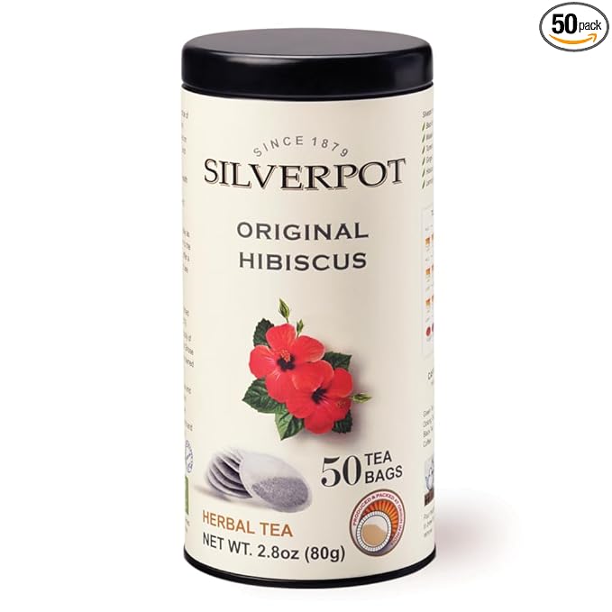 Silverpot Original Hibiscus - 50 Round Tea Bags | 100% Natural | Sweet, Floral Aroma | Caffeine Free | Reusable Tin