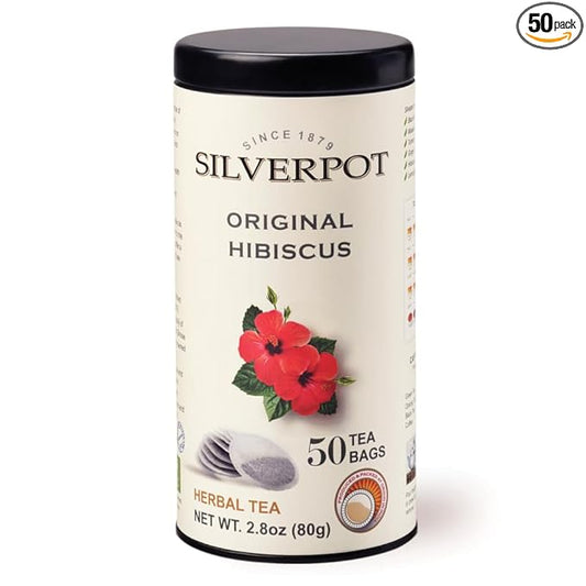 Silverpot Original Hibiscus - 50 Round Tea Bags, 100% Natural, Sweet, Floral Aroma, Caffeine Free, Reusable Tin