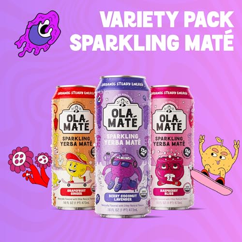 Yerba Mate Energy Drink - Low Sugar Sparkling Tea Cans Variety Pack with Ashwagandha, Lion’s Mane, USDA Organic Clean Energy Drink with 150mg Natural Caffeine, Ola Maté
