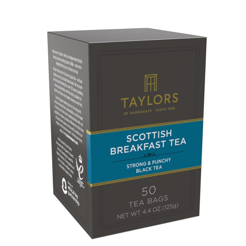 Taylors of Harrogate Scottish Breakfast Black Tea Individually Wrapped Bags, 50 Count (Pack of 1), Strong, Malty and Full, Caffeinated, Enjoy Hot or Iced, 50 Teabags