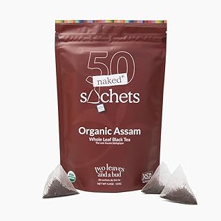 Two Leaves and a Bud Organic Assam - 50 Naked Tea Sachets, Whole Leaf Black Tea in Eco-Friendly Unwrapped Compostable Sachets, Resealable Bag, 50 Count (Pack of 1)