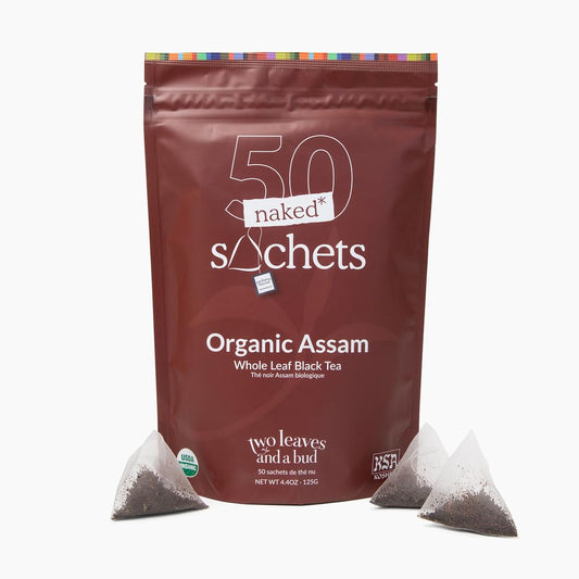 Two Leaves and a Bud Organic Assam Naked Tea Sachets, 50 Count (Pack of 1) | Whole Leaf Black Tea in Unwrapped Pyramid Sachets, Resealable Bag