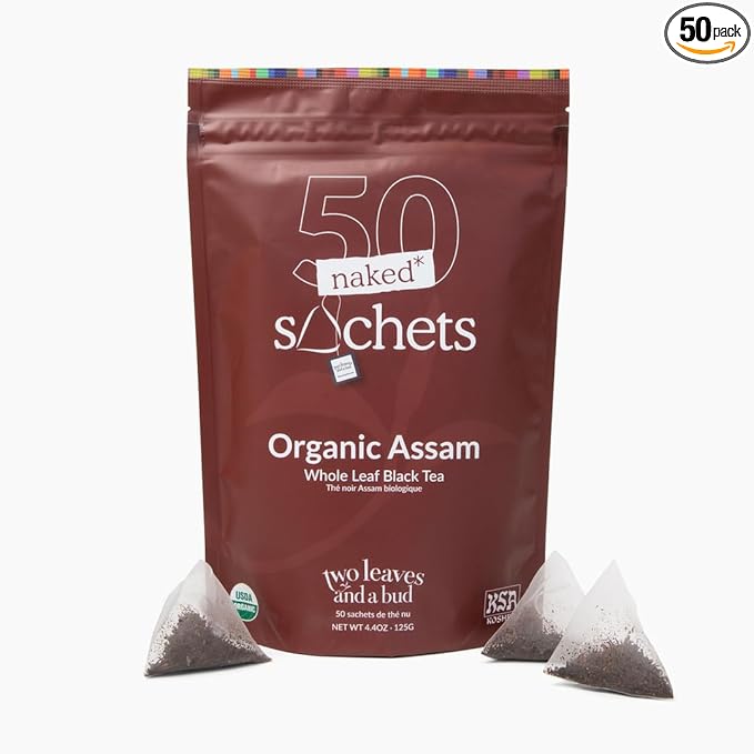 Two Leaves and a Bud Organic Assam - 50 Naked Tea Sachets, Whole Leaf Black Tea in Eco-Friendly Unwrapped Compostable Sachets, Resealable Bag, 50 Count (Pack of 1)