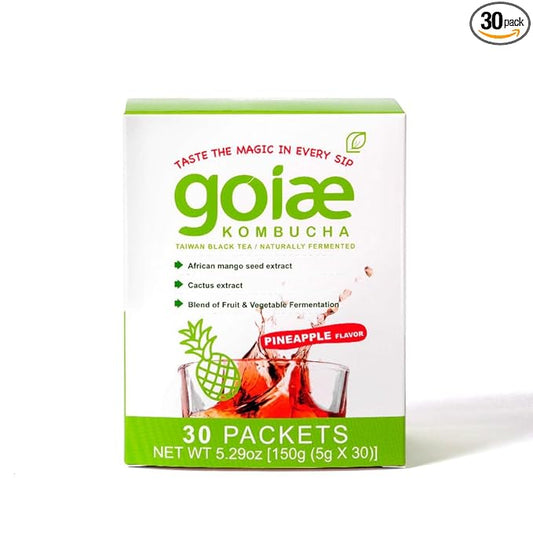 goiae Slimbucha,Pineapple Flavor 30 packets(Lemon • Apple)– Taiwanese High‑Altitude Tea • Rich in Postbiotics to Support Gut Flora • Patented Ingredients May Help Metabolism & Digestive Regularity • Only 18 Calories .Per Pack Packets,Net Wt. 5.29 oz(150g)