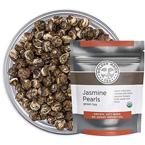Golden Moon Tea Organic Jasmine Pearls Green Tea - Loose Leaf Dragon Pearls, Premium Grade, Non GMO - Travel Tin (48 Servings)