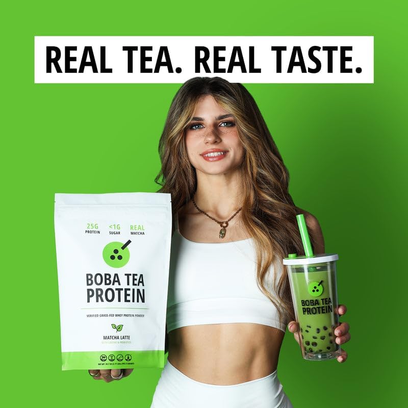 Boba Tea Protein Matcha Latte | 25g Grass-Fed Whey Protein Isolate Powder | Gluten-Free & Soy-Free Bubble Tea Protein Drink | Real Ingredients & Lactose-Free Protein Drink | 25 Servings