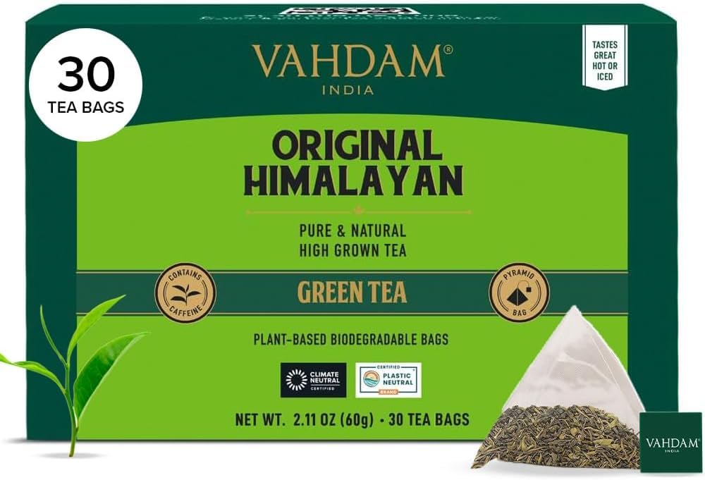 VAHDAM, Himalayan Green Tea (30 Count) High Grown, Non GMO, Gluten Free, Med Caffeine | Earthy & Smooth | Resealable & Individually Wrapped | Plant-Based Pyramid Tea Bags