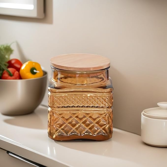 ANSQU Square Glass Jar, 37 Fl oz Candy Jar with Lid, Glass Food Storage Containers for Ground Coffee, Tea, Sugar, Decorative Mason Jar (Yellow)