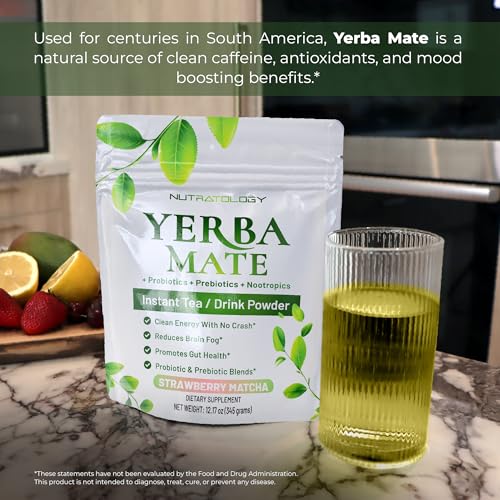 Yerba Mate Instant Tea Powder - 3-In-1 Super Drink - Clean Energy - Formulated With Nootropics To Boost Focus & Clarity - With Prebiotics & Probiotics To Boost Gut Health | Strawberry Matcha - 30 servings
