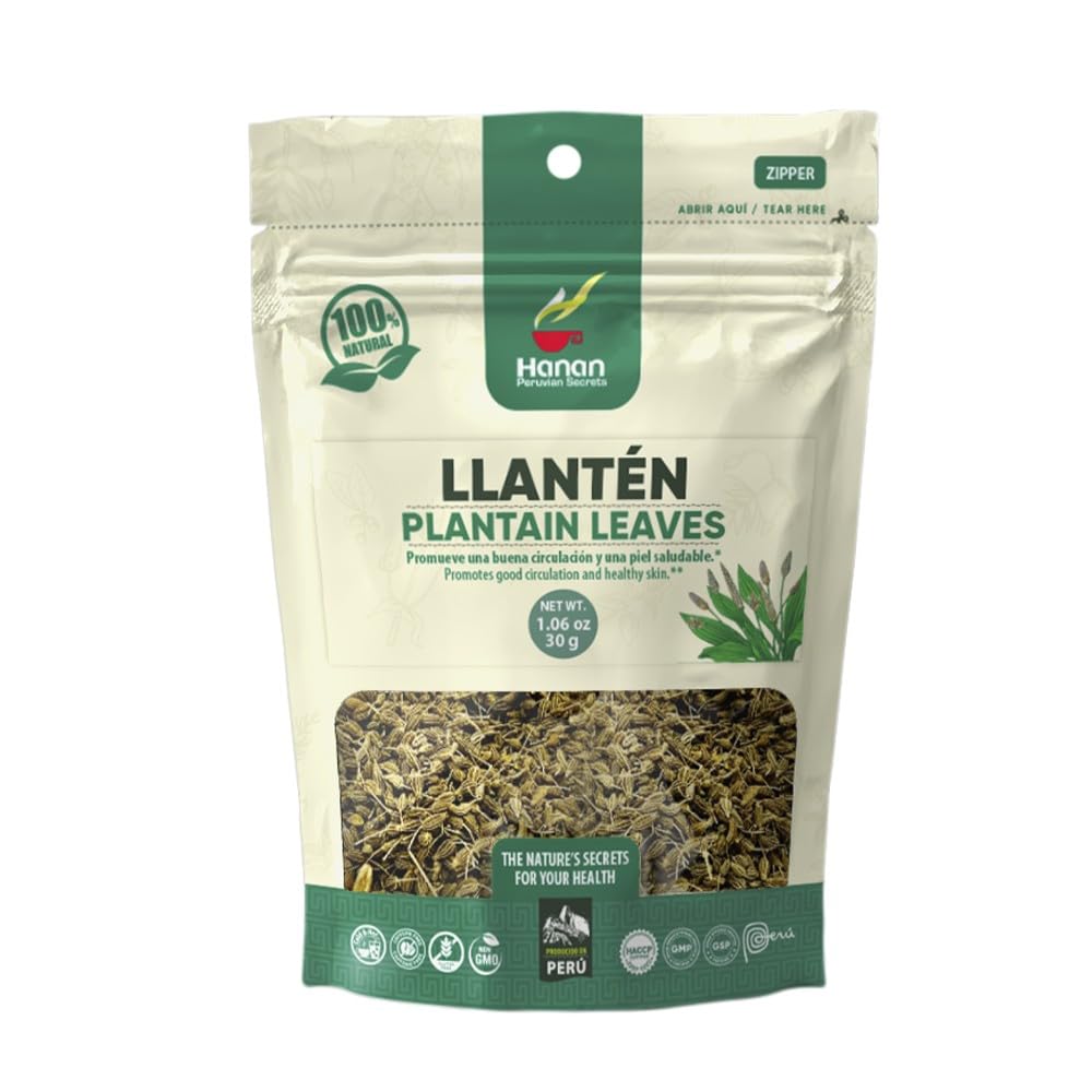 HANAN PERUVIAN SECRETS Hanan Plantain Leaf Tea (Llanten) 1.1 oz (30 g) - Loose, Dried Llanten Plant Leaves from Peru, 1.06