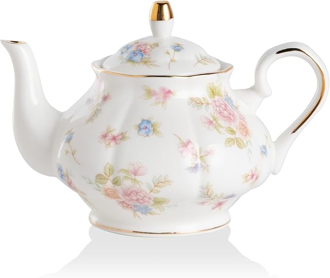 Sweejar Ceramic Teapot with Infuser, Floral Relief Gold Rimmed Teapot, 29 OZ Porcelain Tea Pot for B