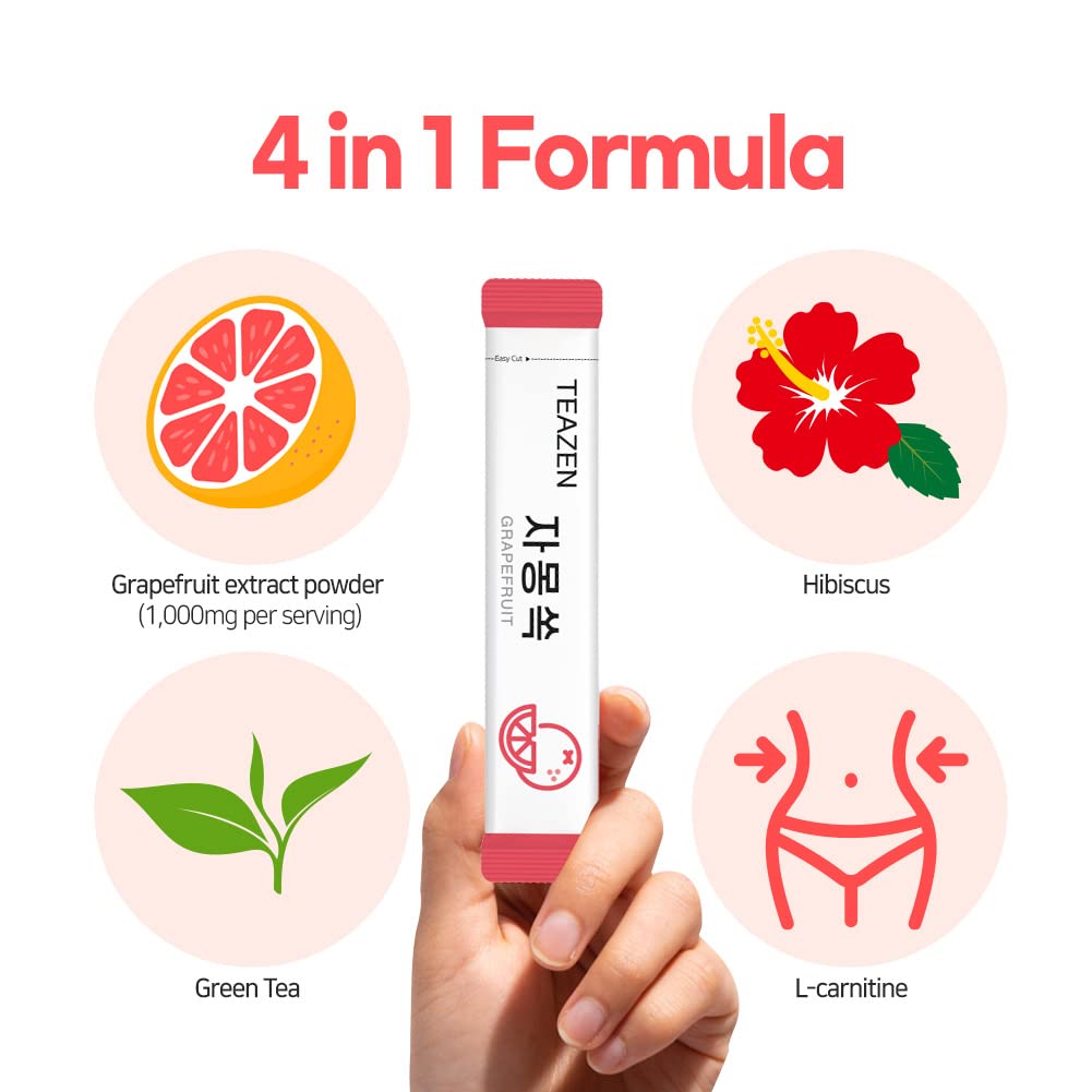 TEAZEN Grapefruit Tea Powder, Sugar Free, Hibiscus and Green Tea, Powdered Mix Beverage from Korea, On-the-Go 10 Packets