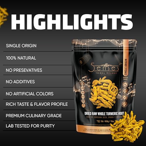 5Senses Dried Whole Turmeric Root | Curcuma | Tribal Melody | Single Origin, Non-GMO, Fairtrade | Whole Turmeric Root | Vegan | Gluten Free | Sun Dried | Indian Spice (3.5oz/100g)