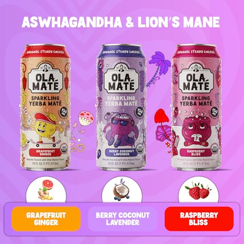 Yerba Mate Energy Drink - Low Sugar Sparkling Tea Cans Variety Pack with Ashwagandha, Lion’s Mane, USDA Organic Clean Energy Drink with 150mg Natural Caffeine, Ola Maté