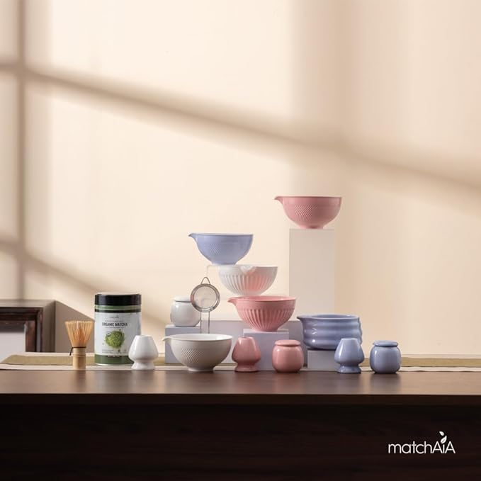 Matcha Whisk Set - Ceramic Bowl, Bamboo Whisk with Holder, Sifter, Schima Spoon, Spoon Rest and Tea Towel