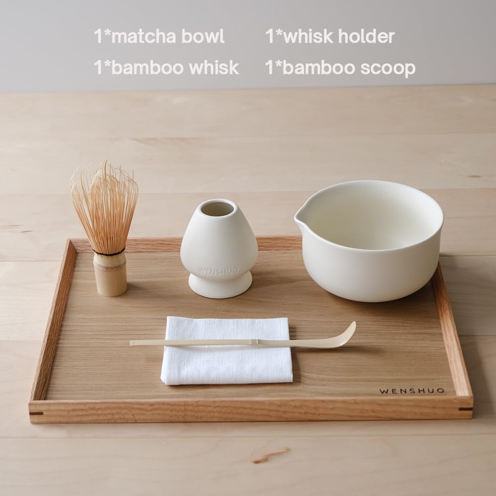WENSHUO Matcha Whisk Set, Ceramic Matcha Bowl with Spout, Crème,5-Pc | Matcha kit includes 14 oz bowl, 100-prong bamboo whisk, holder, and scoop.Low walls and wide bowl make whisking easy