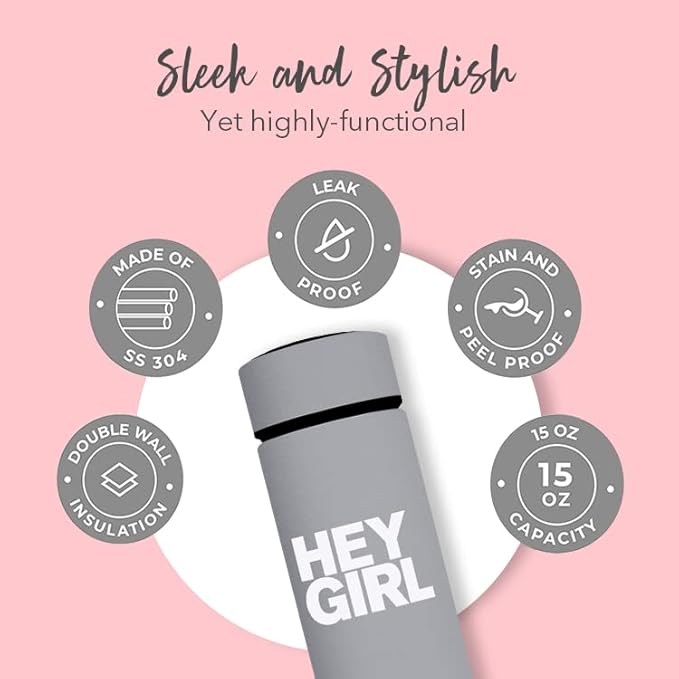 Hey Girl Tea Infuser Bottle 450ml - Insulated Stainless Steel Water Bottle - Tea Tumbler with Tea Diffuser